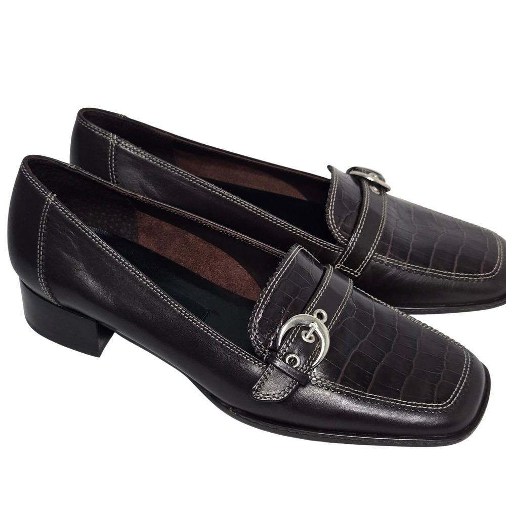 Etienne Aigner Jules Dark Brown Leather Croc Embossed Buckle Loafers 6M - Picture 1 of 10